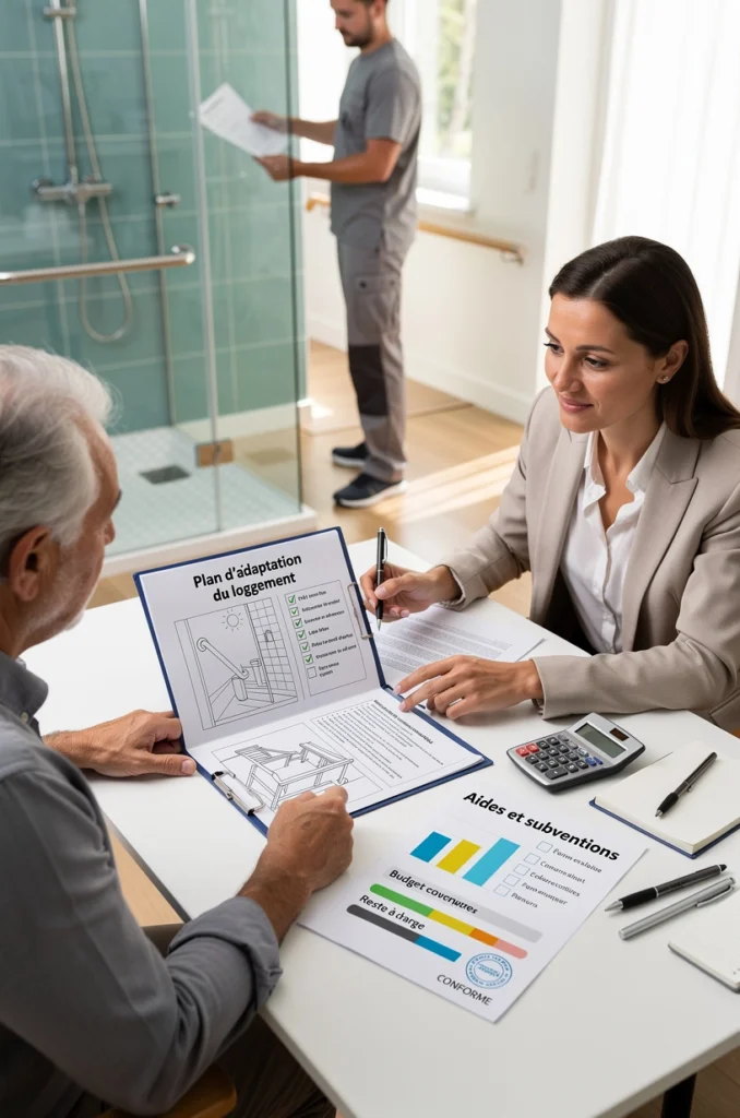 une femme discute du réaménagement de la salle de bain du senior qui se tient en face d'elle. Un ouvrier se tient derrière à l'arrière-plan.