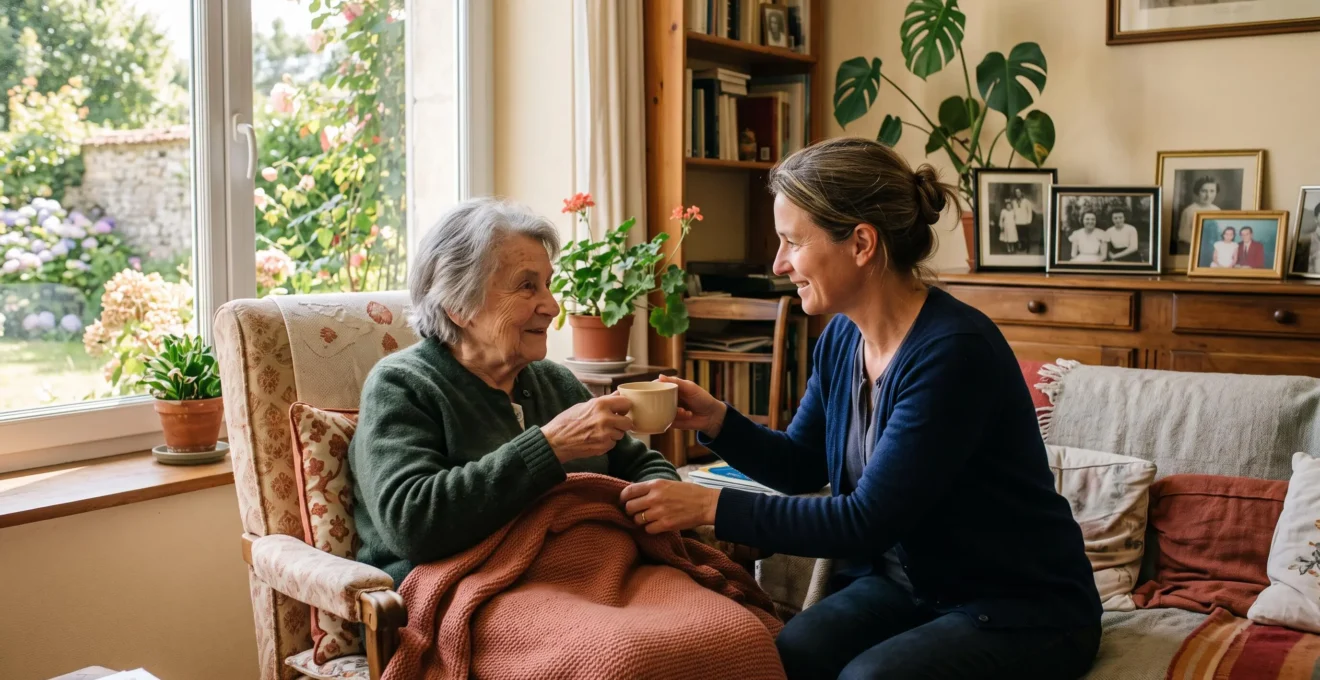 Une femme âgée discute avec une aidante familiale dans le salon chaleureux d'une maison familiale, une tasse de thé à la main.