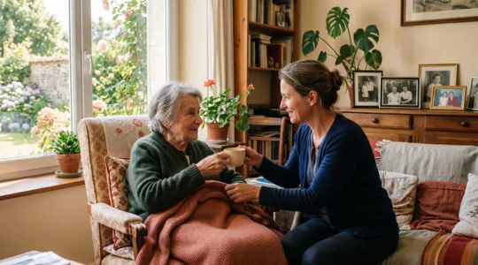 Une femme âgée discute avec une aidante familiale dans le salon chaleureux d'une maison familiale, une tasse de thé à la main.